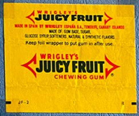 Wrigley’s Juicy Fruit: brand arrows and typographic system, closely cropped